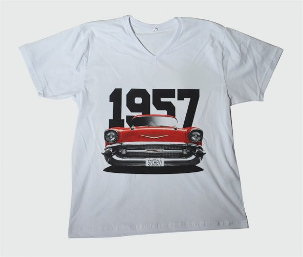 M T-Shirt V Yaka 1957 Chevrolet Belair Dijital Baskılı Beyaz