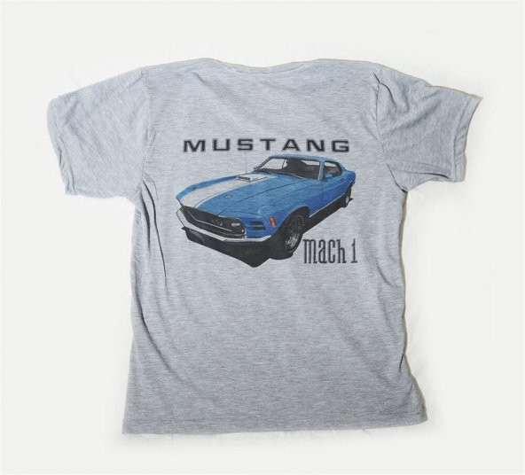 M T-Shirt V Yaka 1970 Ford Mustang Mach 1 Dijital Baskılı Gri