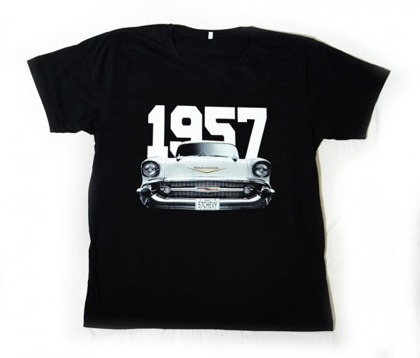 L T-Shirt V Yaka 1957 Chevrolet Belair Dijital Baskılı Siyah