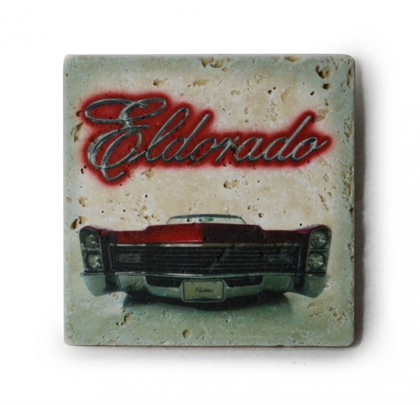 1966 Cadillac Eldorado Kırmızı Baskılı Doğal Traverten Bardak Altlığı