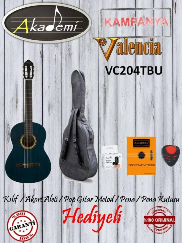 Valencia VC204TBU Klasik 4/4 Gitar+KILIF+METOD+AKORT ALETİ+PENA
