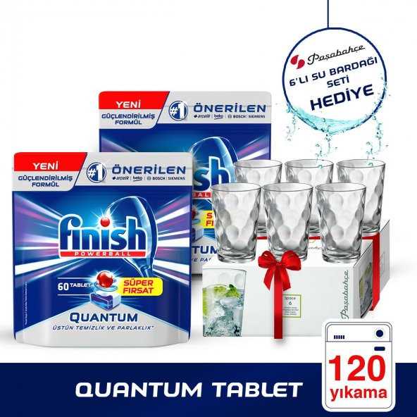 Finish Quantum 120 Tablet Bulaşık Makinesi Deterjanı (60x2) + Paşabahçe 6lı Su Bardağı Hediye