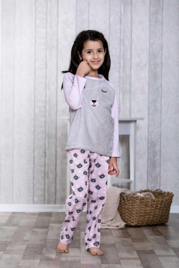 Lingabooms 3030 Uzun Kol Çocuk Peluş Welsoft Baskılı Desenli Nakış Detaylı Pijama Takımı