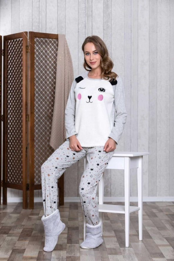 Lingabooms 1015 Kadın Pijama Pamuklu Taçlı Üst Pantolon 2li Tk.