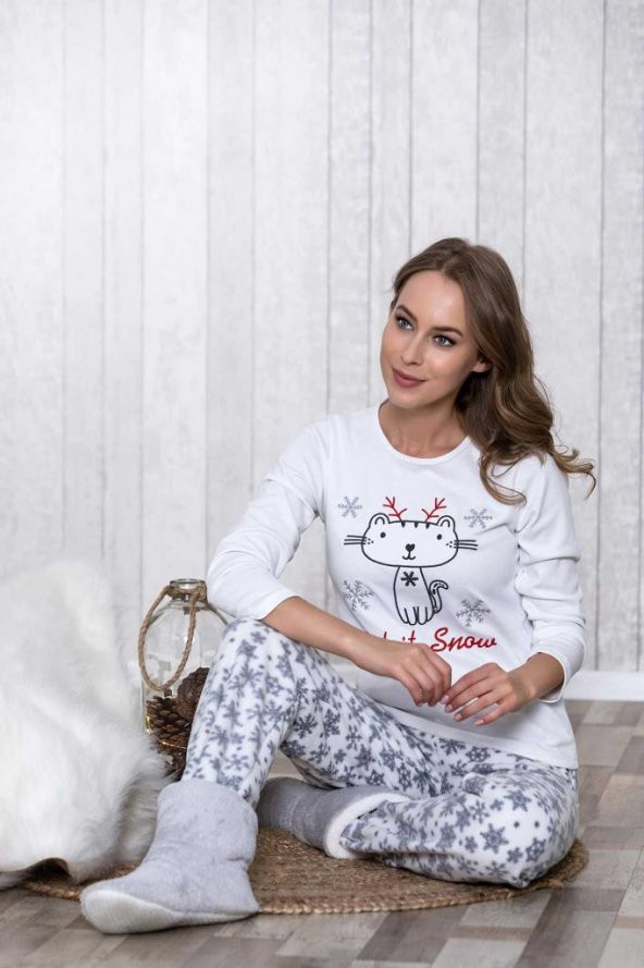 Lingabooms 1041 Kadın Pijama Kışlık Polar Kartanesi Baskılı Takım