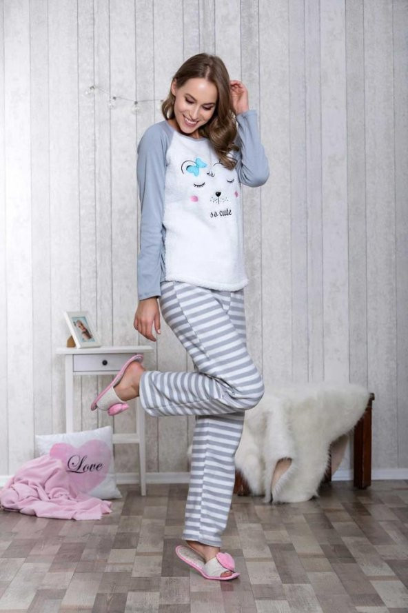 Lingabooms 1053 Kadın Pijama Polar Çizgili Üst Pantolon 2li Tk.