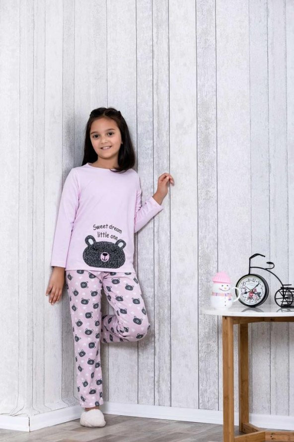 Ayıcık Desenli Kalpli 2li Çocuk Pijama Takım LB3031
