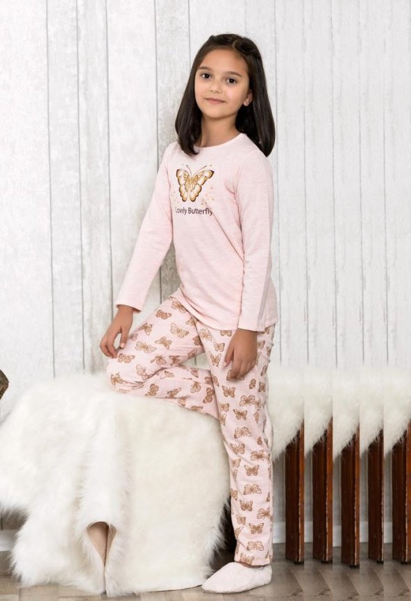Altın Kelebek Baskılı 2li Çocuk Pijama Takım LB3032