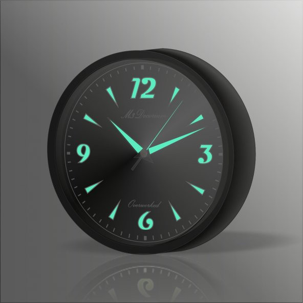 Siyah Zemin ve Kasa Gece Görünen Ev Ofis Toplantı Odası Okul Karakol Parlayan Fosforlu Duvar Saati
