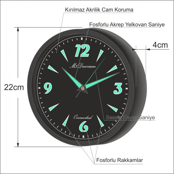 Siyah Zemin ve Kasa Gece Görünen Ev Ofis Toplantı Odası Okul Karakol Parlayan Fosforlu Duvar Saati - 2
