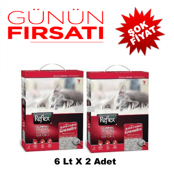 Reflex Aktif Karbon Granüllü Topaklanan Doğal Kedi Kumu 6 Lt x 2 Adet = 12 Lt - 1