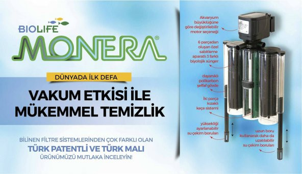 Biolife Monera 25 Wat 1500 L/H Motorlu YENİ Patentli Akvaryum Filtre