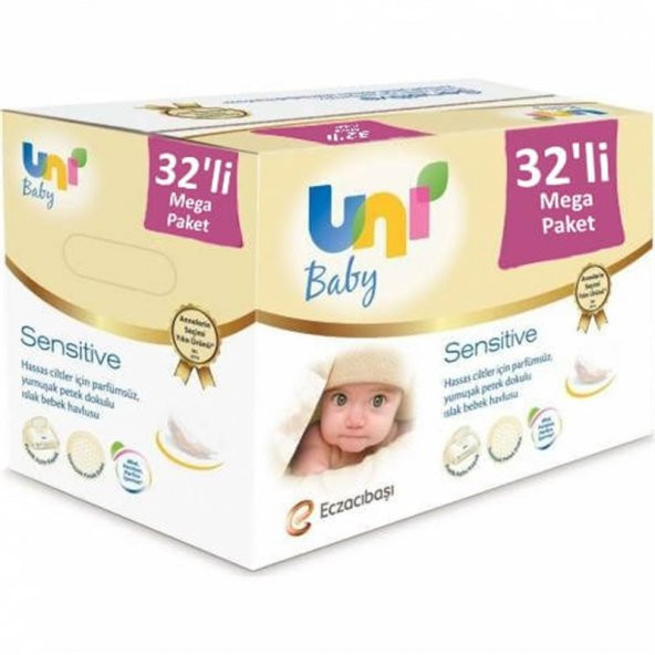 Uni Baby Sensitive Kapaklı Islak Mendil Havlu 32 Paket 1792 Yapra