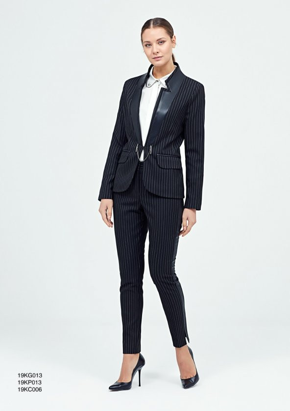 KASHA DERİ ŞERİTLİ ÇİZGİLİ BAYAN KUMAŞ PANTOLON - 19KP013 SİYAH