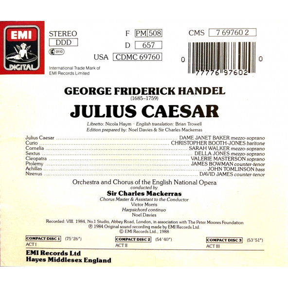 HANDEL - JULIUS CAESAR (IN ENGLISH) SIR CHARLES MACKERRAS (3 CD) (1988) - 2