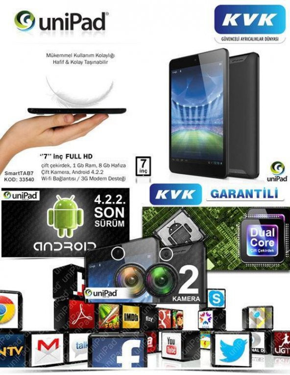 Unipad Smart 7 İNCH Full HD KVK Garantili siyah Tablet