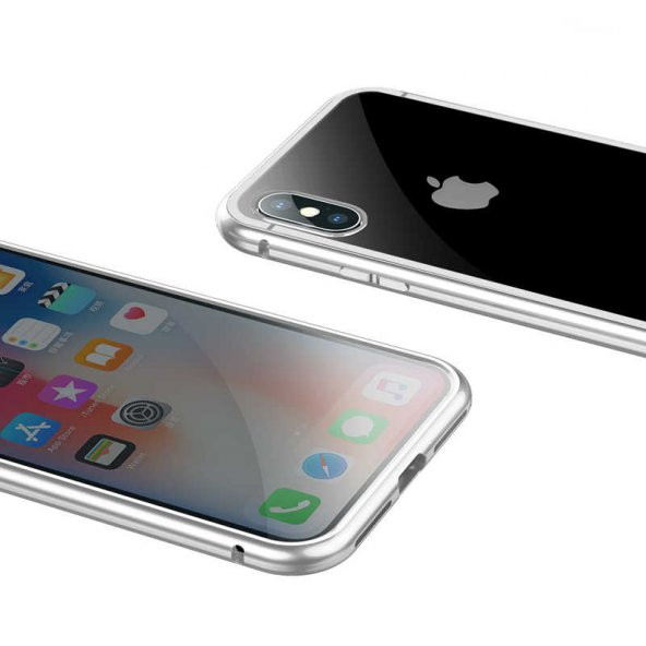 Apple iPhone X / XS 5.8 Baseus Çift Taraflı Manyetik Kılıf Gümüş