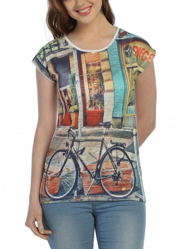 3013 - Beyaz Bayan Bisiklet Baskılı,Renkli T-Shirt