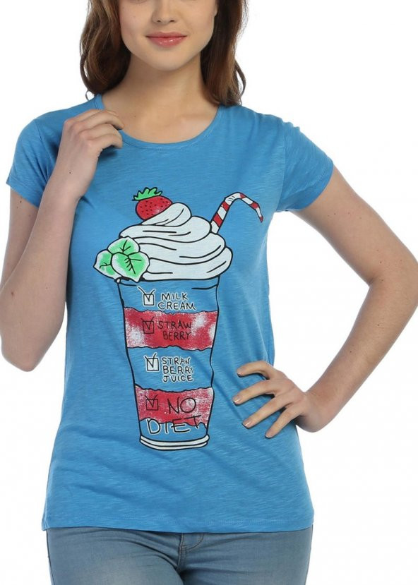 3020 - Mavi Bayan Milkshake Desenli Baskılı T-Shirt