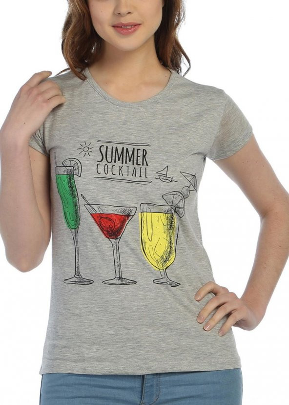 3022 - Gri Bayan Summer Kokteyl Desenli Baskılı T-Shirt