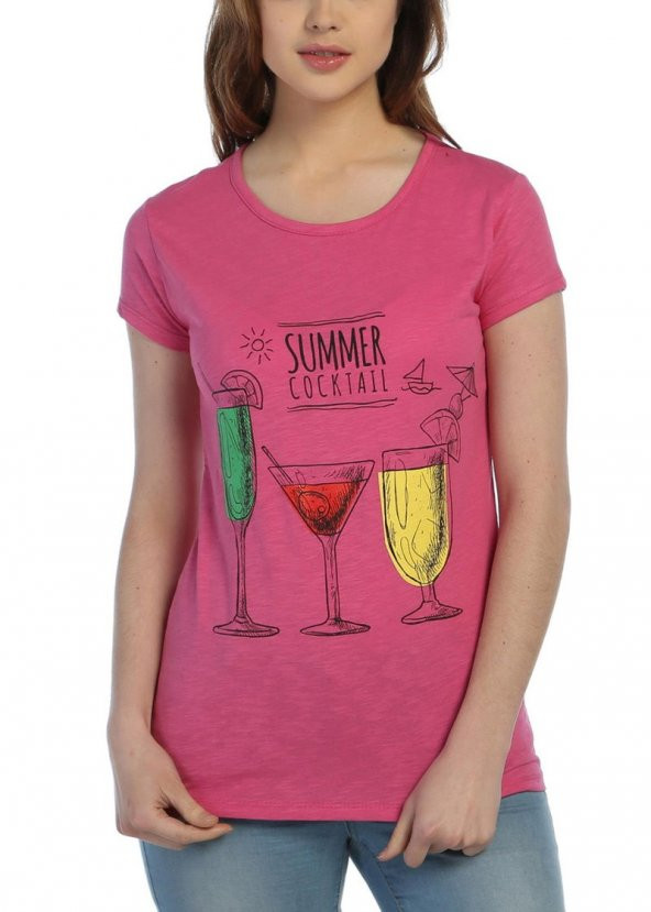 3023 - Pembe Bayan Summer Kokteyl Desenli Baskılı T-Shirt