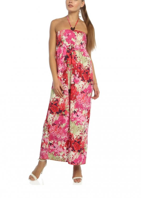 3059 - Pembe Ip Askılı Çiçek Desenli Uzun Elbise