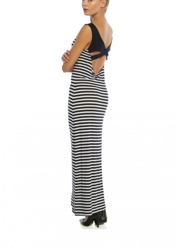 3056 - Lacivert Arkası Lastikli Çizgili Elbise