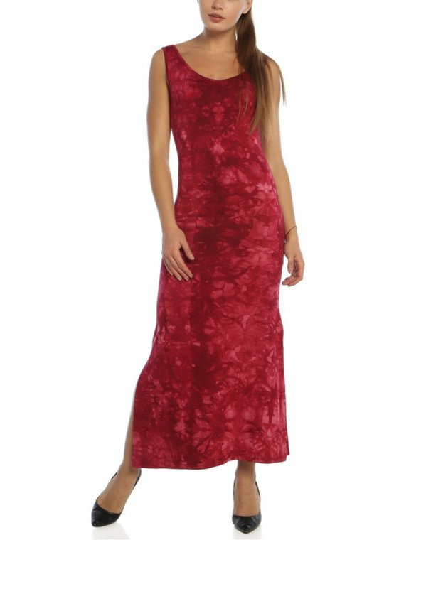 3072 - Bordo Batik Desenli Uzun Elbise