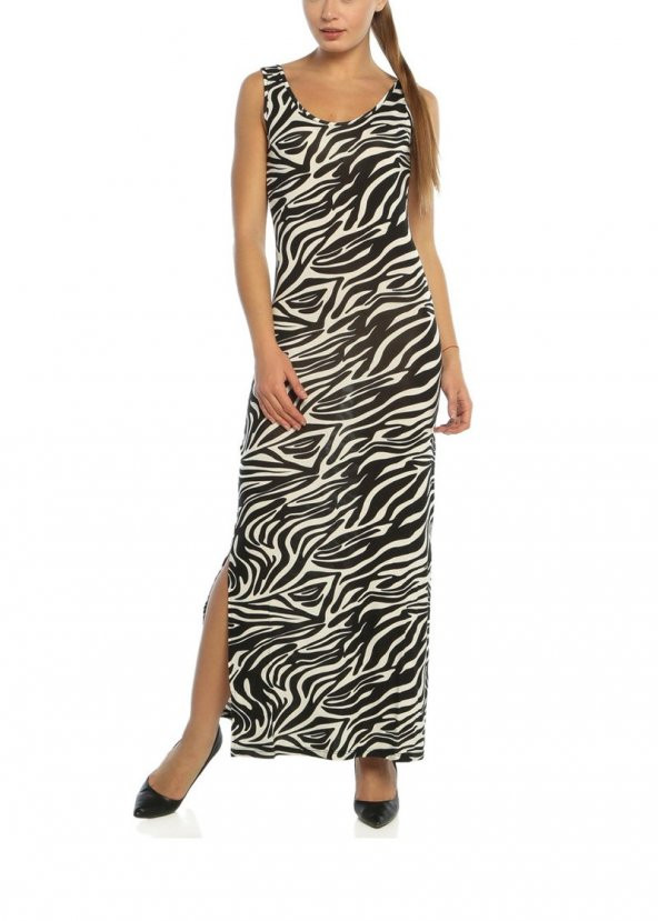 3090 - Siyah Zebra Desenli Çift Taraflı Yırtmaçlı Uzun Elbise