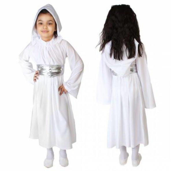 Star Wars Kostümü - Prenses Leia Elbisesi Beyaz Kapşonlu Uzun Kol