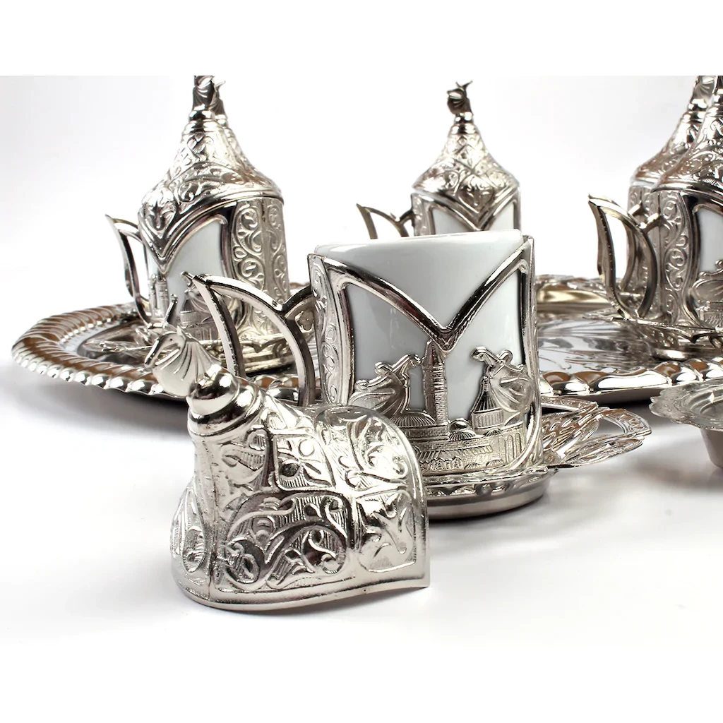 Semazen ve Osmanlı Motifli 6 Kişilik Kahve Seti Gümüş Renk