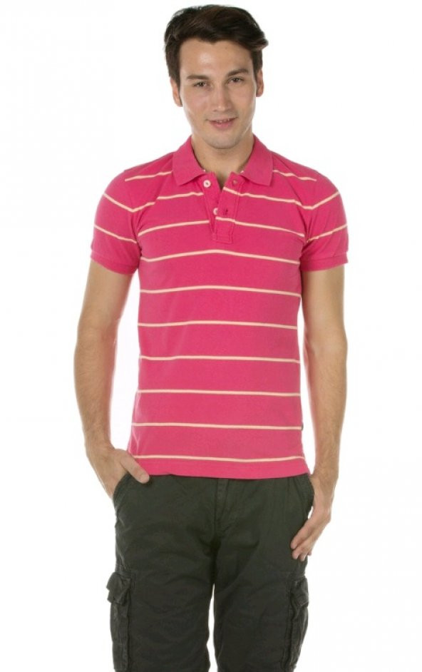 Colins Pembe Krem Çizgili Yakalı Tshirt - 1