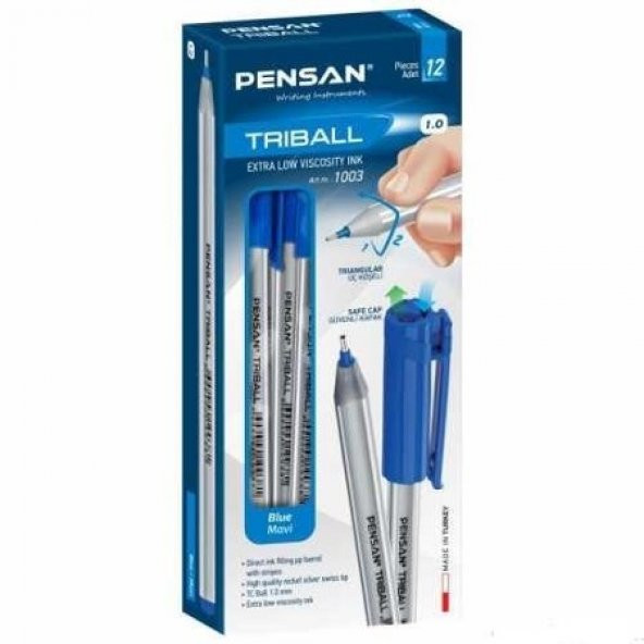PENSAN TRİBALL MAVİ SİYAH AKIŞKAN Mürekkepli TÜKENMEZ KALEM 12 AD