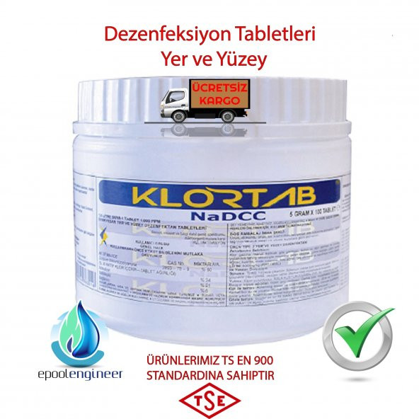 DEZENFEKTAN KLOR TABLET 5GRX100(0,5KG) YÜZEY TEMİZLEYİCİ KLORTAB