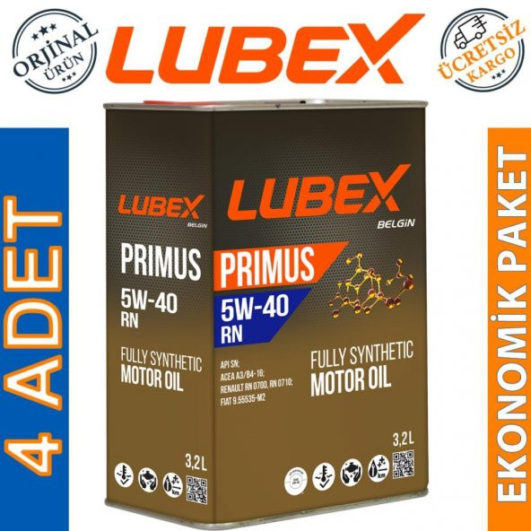 Lubex Primus RN 5W-40 3.2 Lt Tam Sentetik Motor Yağı (4 Adet)