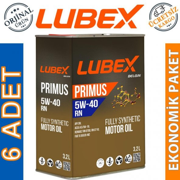 Lubex Primus RN 5W-40 3.2 Lt Tam Sentetik Motor Yağı (6 Adet)