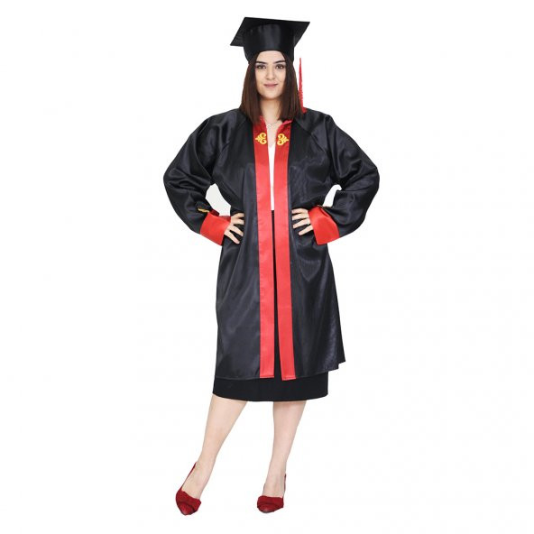 Mezuniyet Kep Cübbe Lise Siyah Kırmızı Brodeli