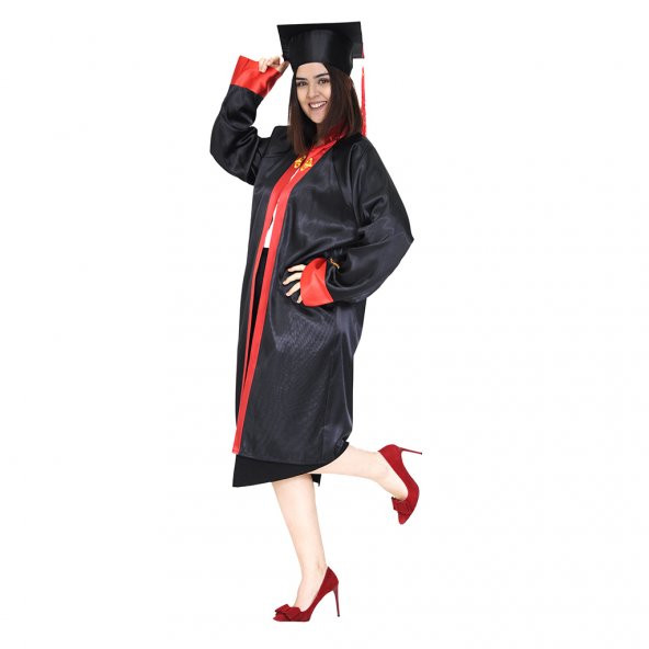 Mezuniyet Kep Cübbe Lise Siyah Kırmızı Brodeli - 2