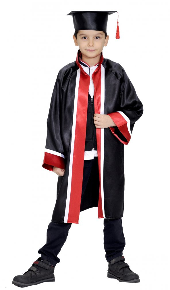 Mezuniyet Kep Cübbe İlkokul Siyah Kırmızı Beyaz - 2
