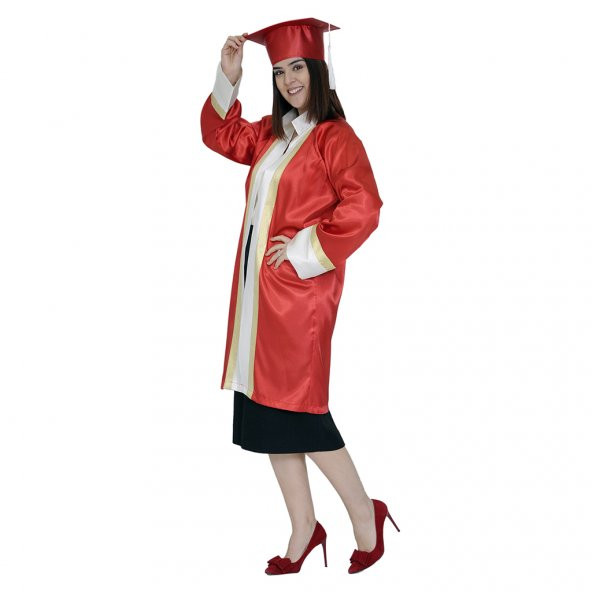 Mezuniyet Kep Cübbe Lise Kırmızı Ekru Gold - 2