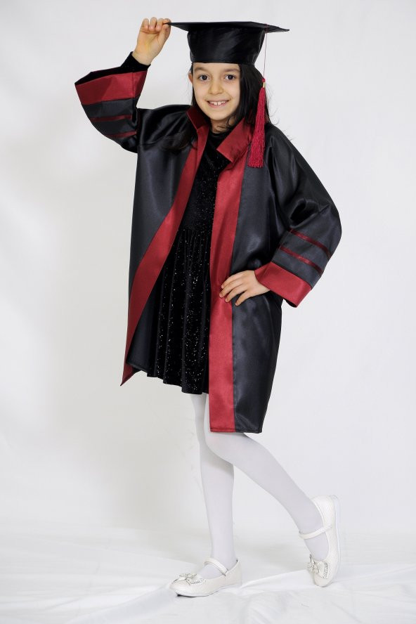 Mezuniyet Kep Cübbe Anaokul Siyah Bordo Şeritli - 2