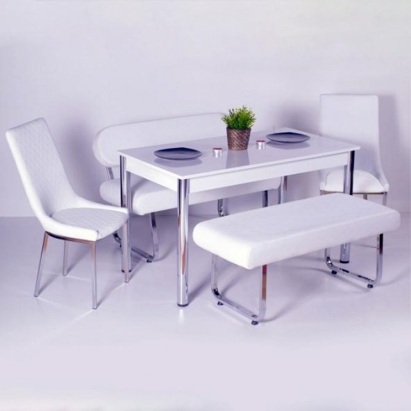 Evform Vega Banklı Masa Takımı Mutfak Masası Yemek Seti - Beyaz