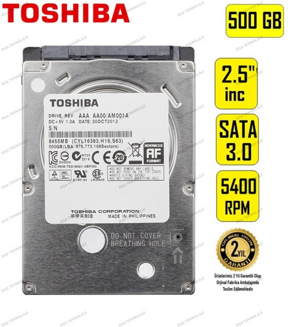 Toshiba 2.5" 500GB Sata Notebook Harddisk Laptop Harddiski HDD Dizüstü Bilgisayar Hard disk