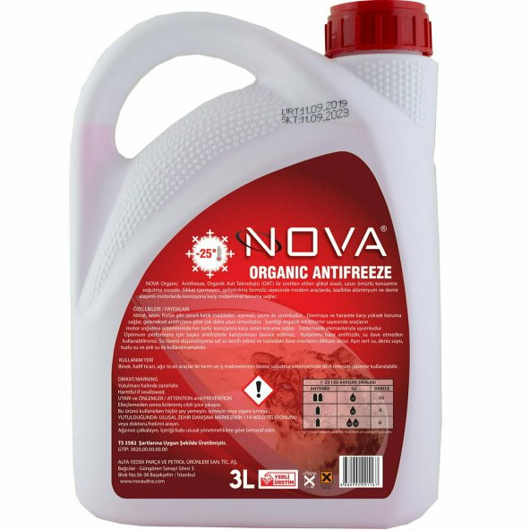 Nova -25 Derece Organik Kırmızı Antifriz 3 Litre
