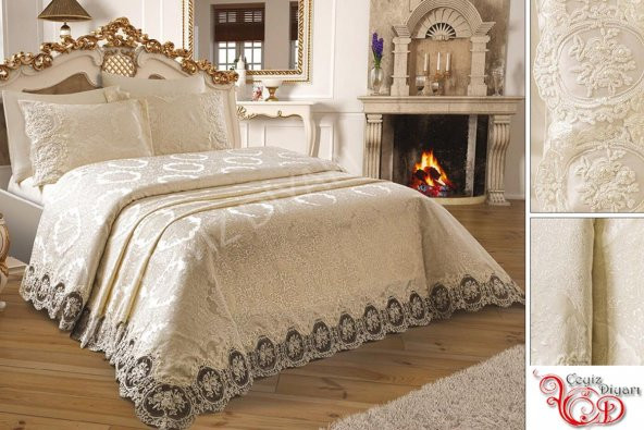 Çeyizdiyarı Fransız Güpürlü Karina Pike Takımı Krem - 2