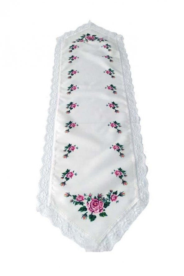 Kanaviçe Baskılı Güpürlü Runner Pembe - 4