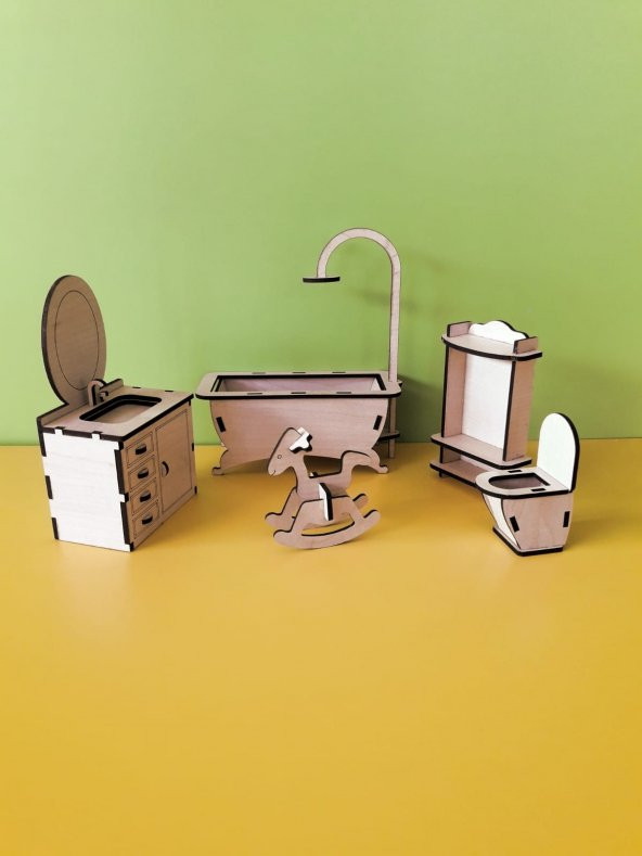 Ahşap Minyatür Banyo Seti Takımı Boyanabilir Eğitici Oyuncak