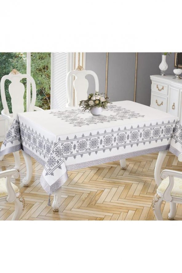 Kanaviçe Baskılı Sultan Masa Örtüsü Silver - Resim 4