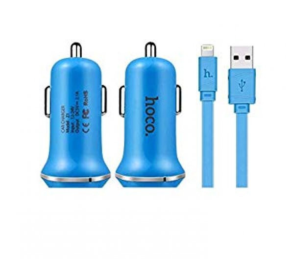 Hoco Z1 Araç Şarj Başlığı(2.1 A Max Çift USB Giriş) + Apple (8pin)Kablo Mavi