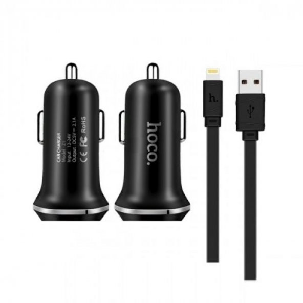 Hoco Z1 Araç Şarj Başlığı(2.1 A Max Çift USB Giriş) + Apple (8pin)Kablo Siyah